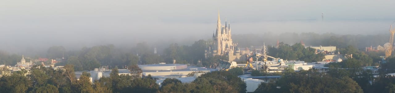 Cinderella Castle rising above the treetops through low morning mist at the Magic Kingdom, 2011
